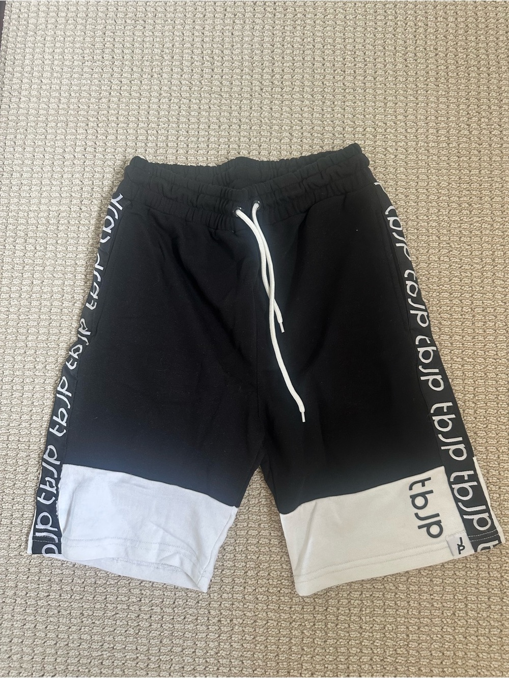 Men's Black Athletic Shorts with White Hem and Side Logo Tape